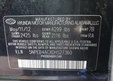 2013 Hyundai Sonata Gls z USA, uszkodzony, nr VIN 5NPEB4ACXDH527360